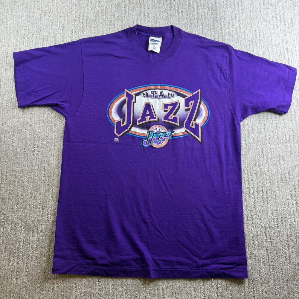 Vintage Utah Jazz NBA Graphic T-Shirt Mens Size L Purple 90s